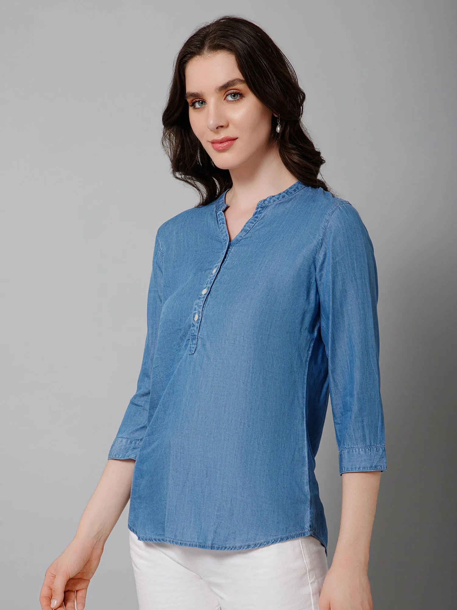 Women's Casual  Medium Blue Denim Solid Mandarin Collar Tunic