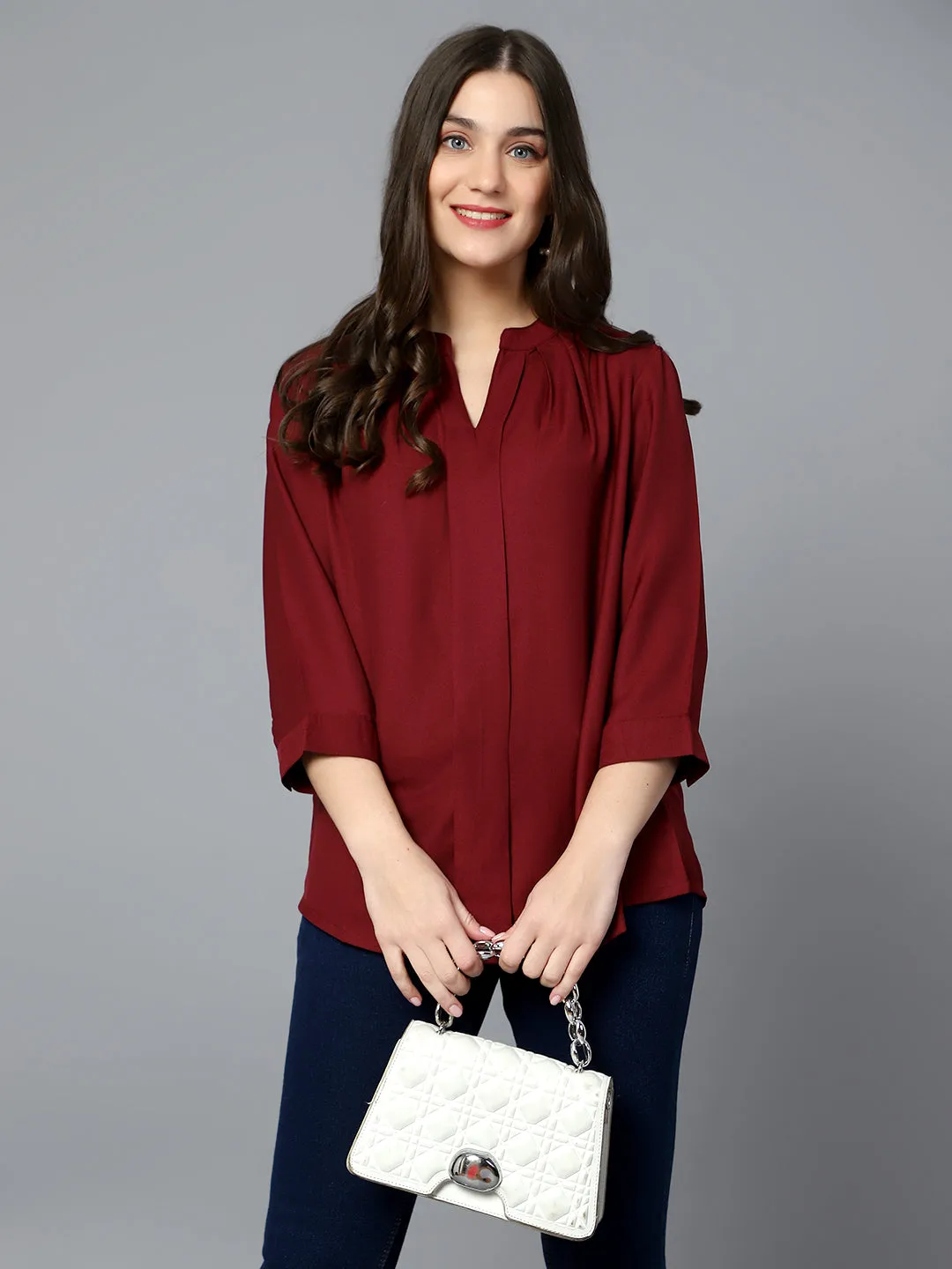 Women's Casual  Wine Solid Mandarin Collar Tunic