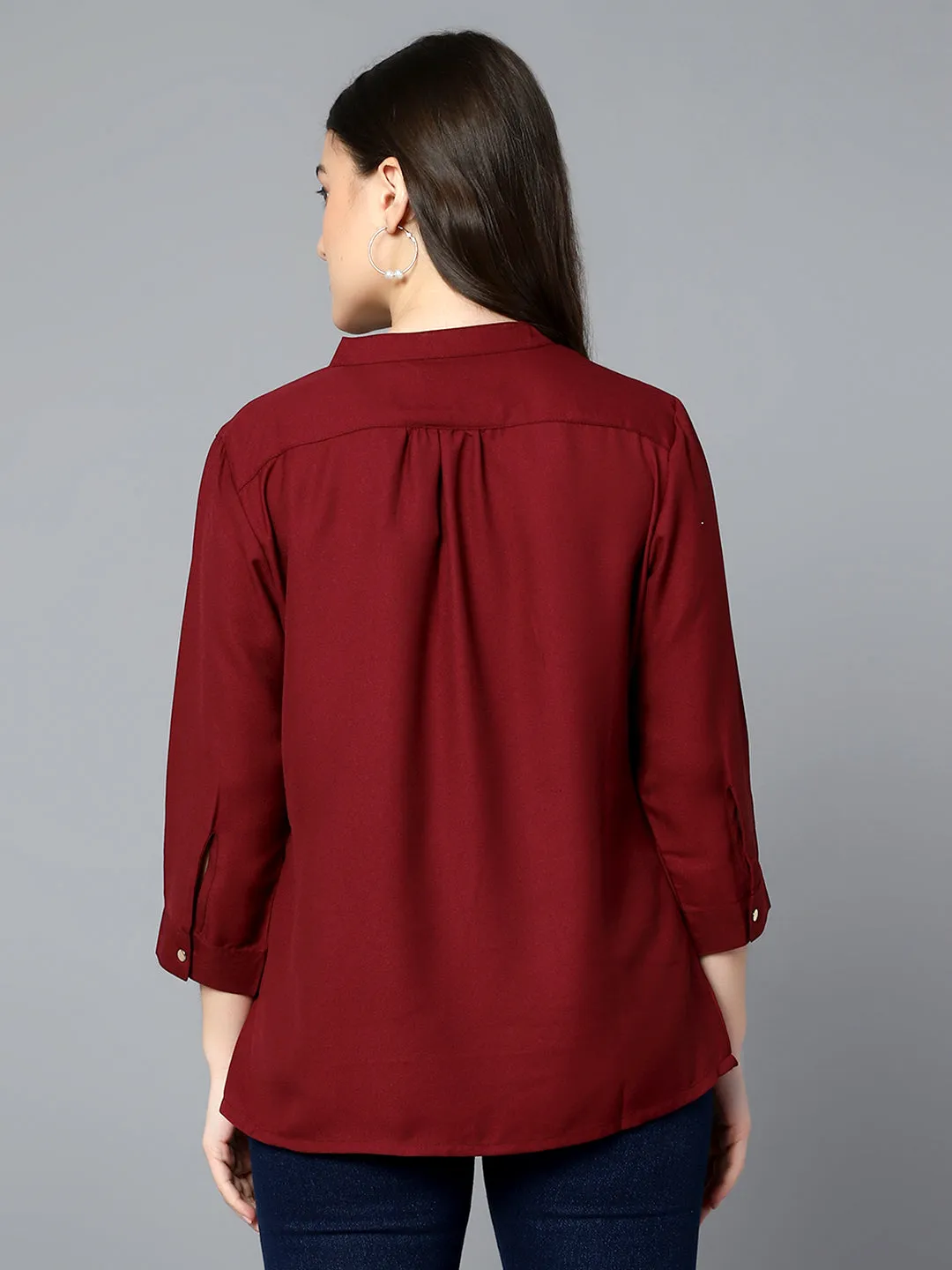 Women's Casual  Wine Solid Mandarin Collar Tunic