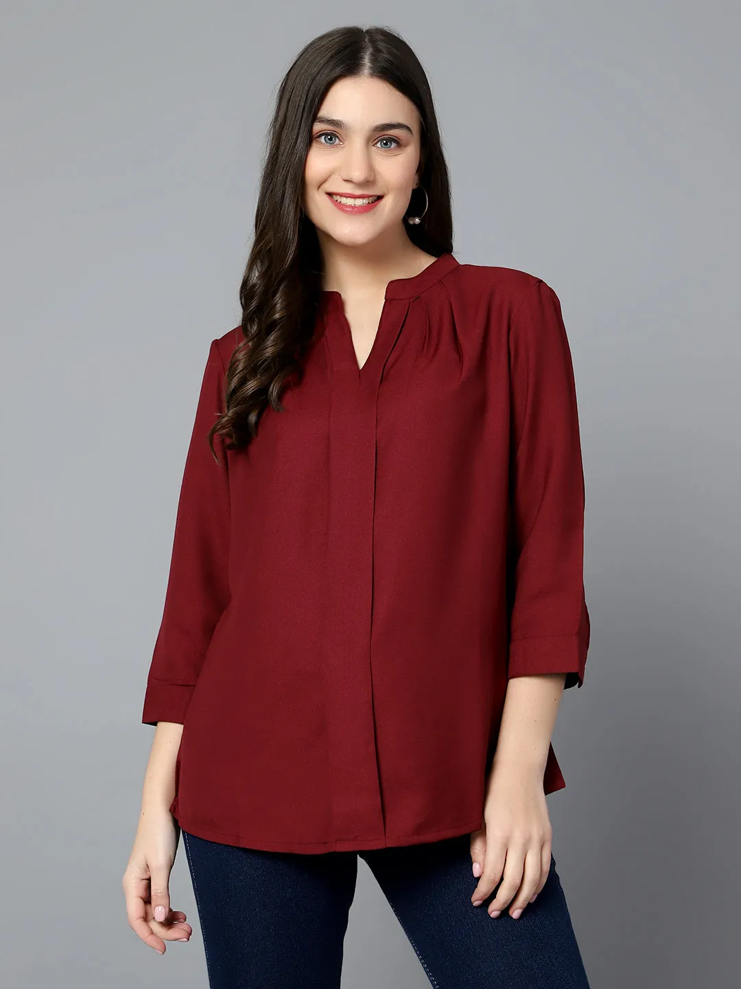 Women's Casual  Wine Solid Mandarin Collar Tunic