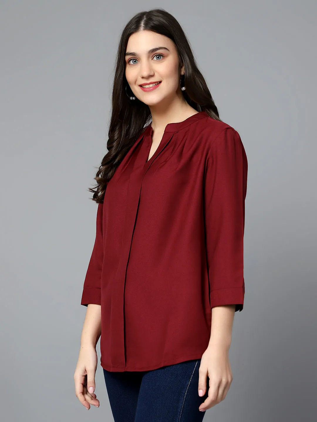 Women's Casual  Wine Solid Mandarin Collar Tunic