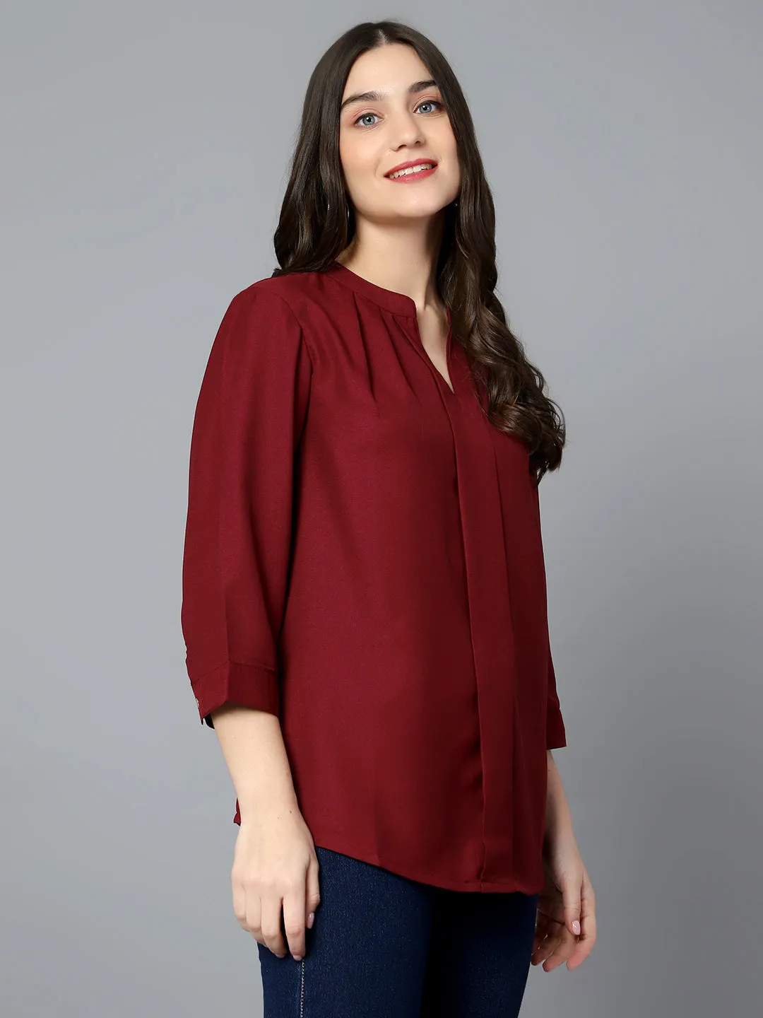 Women's Casual  Wine Solid Mandarin Collar Tunic