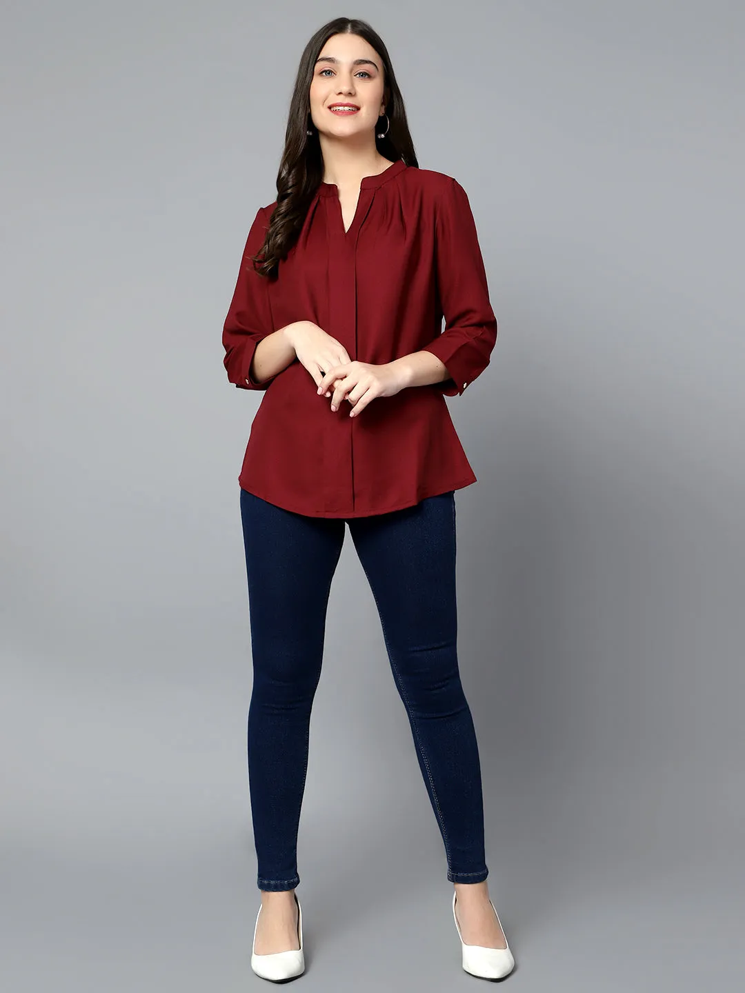 Women's Casual  Wine Solid Mandarin Collar Tunic