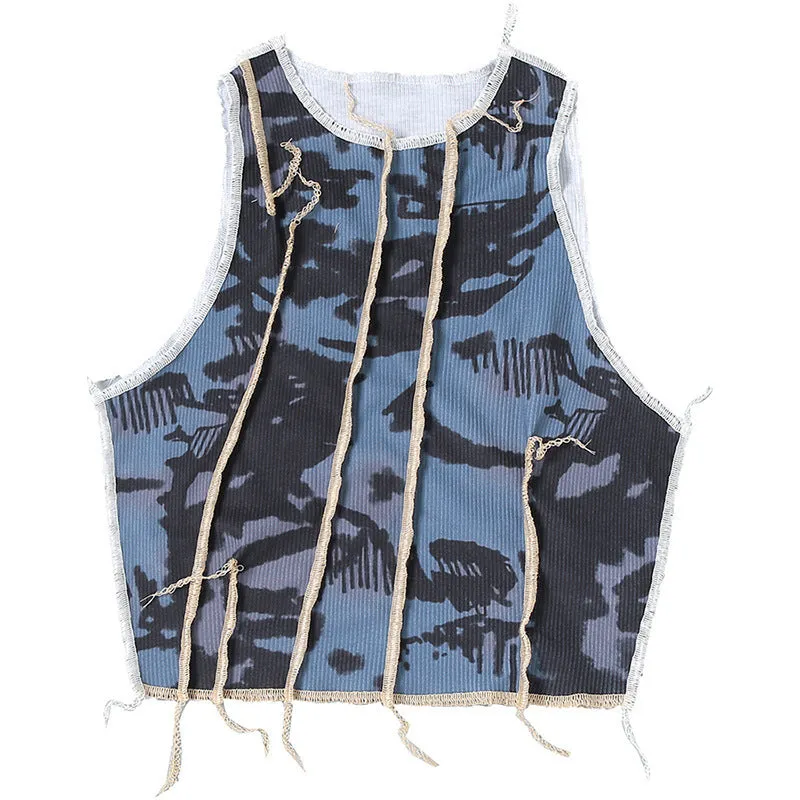 Women's round neck sleeveless fashion print slim T-shirt